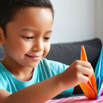 A child intensely focused, creating an origami crane from colorful paper, with a bright, joyful expression.