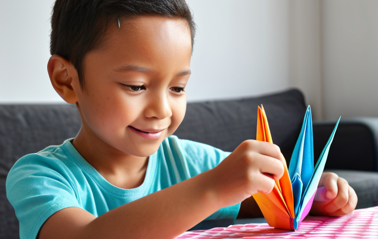 A child intensely focused, creating an origami crane from colorful paper, with a bright, joyful expression.
