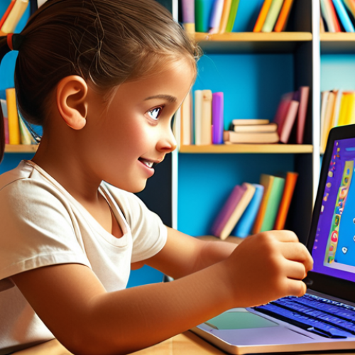 Home 18 **A child enthusiastically coding on a colorful Scratch interface, creating a vibrant animation with cartoon characters, surrounded by books about computers and programming. The scene should evoke a sense of wonder and discovery, emphasizing the fun and engaging aspects of learning to code.**