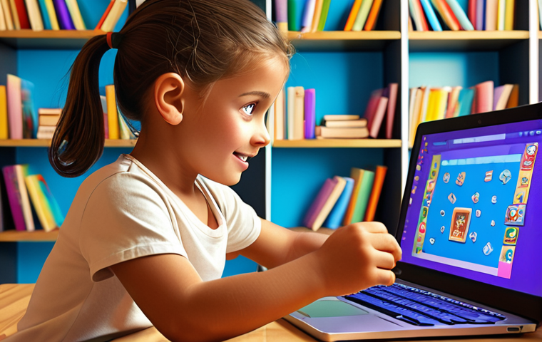 **A child enthusiastically coding on a colorful Scratch interface, creating a vibrant animation with cartoon characters, surrounded by books about computers and programming. The scene should evoke a sense of wonder and discovery, emphasizing the fun and engaging aspects of learning to code.**