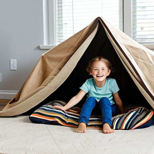 Home 17 A happy child, approximately 6-7 years old, fully clothed in comfortable, modest attire, joyfully creating an imaginative fort using blankets, pillows, and various everyday objects. The setting is a cozy, brightly lit living room with natural light streaming through a window. Scattered around the fort are a collection of diverse materials such as fabric scraps, empty cardboard boxes, and a few natural elements like leaves and twigs, all being incorporated into the play. The child's expression is focused and full of wonder, captured in a natural pose. This scene emphasizes creativity and exploration in a family-friendly environment. Perfect anatomy, correct proportions, well-formed hands, proper finger count, natural body proportions. Professional photography, high quality, detailed, safe for work, appropriate content, fully clothed.