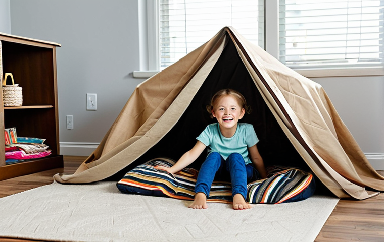 A happy child, approximately 6-7 years old, fully clothed in comfortable, modest attire, joyfully creating an imaginative fort using blankets, pillows, and various everyday objects. The setting is a cozy, brightly lit living room with natural light streaming through a window. Scattered around the fort are a collection of diverse materials such as fabric scraps, empty cardboard boxes, and a few natural elements like leaves and twigs, all being incorporated into the play. The child's expression is focused and full of wonder, captured in a natural pose. This scene emphasizes creativity and exploration in a family-friendly environment. Perfect anatomy, correct proportions, well-formed hands, proper finger count, natural body proportions. Professional photography, high quality, detailed, safe for work, appropriate content, fully clothed.