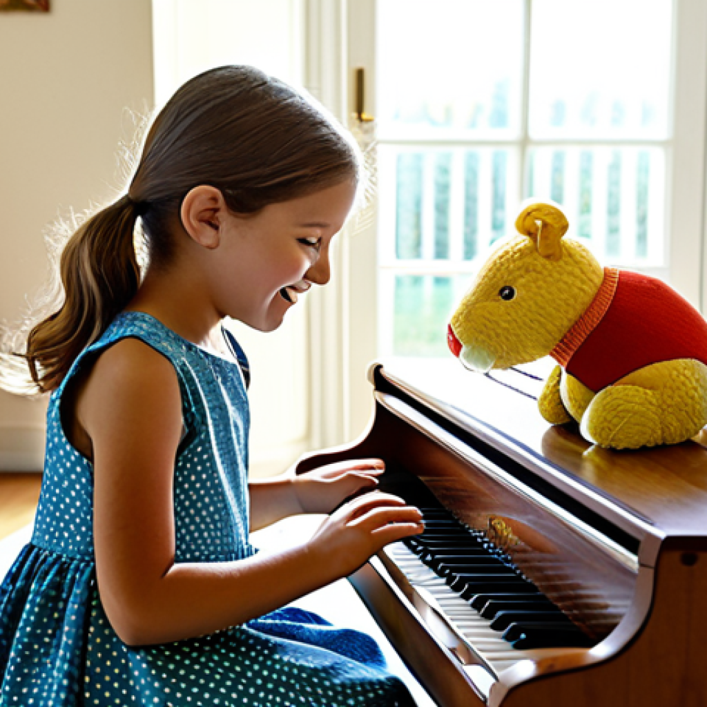 Musical Beginnings at Home**

A young girl (around 6 years old) fully clothed in a modest, colorful sundress, enthusiastically playing a toy piano in a cozy, sunlit room. Soft toys are scattered around. In the background, an adult figure (mother or grandmother) is visible, smiling and watching. "Safe for work," "appropriate content," "family-friendly," "fully clothed," perfect anatomy, natural proportions, professional photography, high quality. The scene should evoke warmth and encouragement for early musical exploration.

**