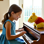 Musical Beginnings at Home**

A young girl (around 6 years old) fully clothed in a modest, colorful sundress, enthusiastically playing a toy piano in a cozy, sunlit room. Soft toys are scattered around. In the background, an adult figure (mother or grandmother) is visible, smiling and watching. "Safe for work," "appropriate content," "family-friendly," "fully clothed," perfect anatomy, natural proportions, professional photography, high quality. The scene should evoke warmth and encouragement for early musical exploration.

**