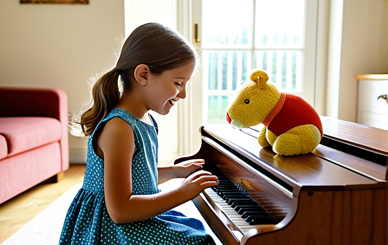 Musical Beginnings at Home**
A young girl (around 6 years old) fully clothed in a modest, colorful sundress, enthusiastically playing a toy piano in a cozy, sunlit room. Soft toys are scattered around. In the background, an adult figure (mother or grandmother) is visible, smiling and watching. "Safe for work," "appropriate content," "family-friendly," "fully clothed," perfect anatomy, natural proportions, professional photography, high quality. The scene should evoke warmth and encouragement for early musical exploration.
**