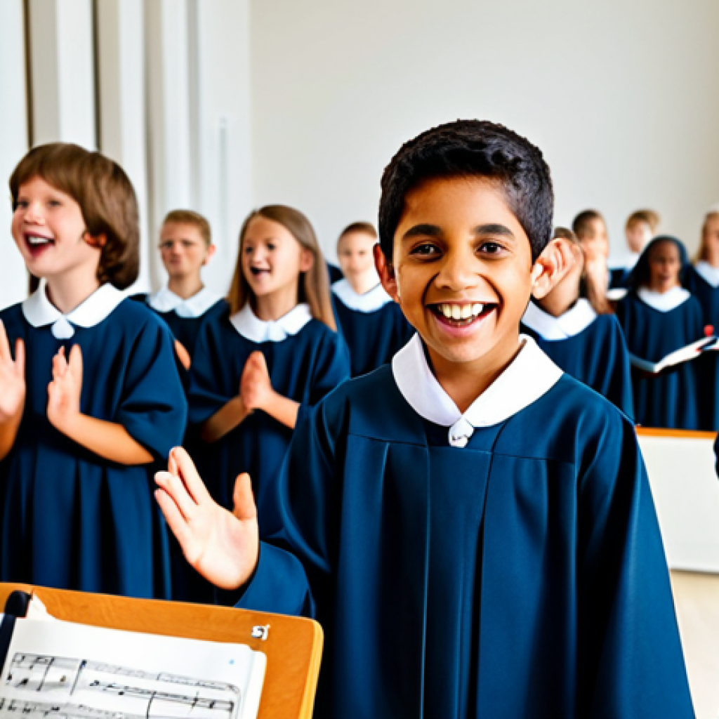 Musical Development**

"A children's choir rehearsing in a brightly lit music room, fully clothed in modest choir robes, appropriate attire. The conductor is smiling and encouraging. Focus on the joy of music. Perfect anatomy, correct proportions, well-formed hands, proper finger count, natural body proportions, safe for work, professional photography, high quality."

**