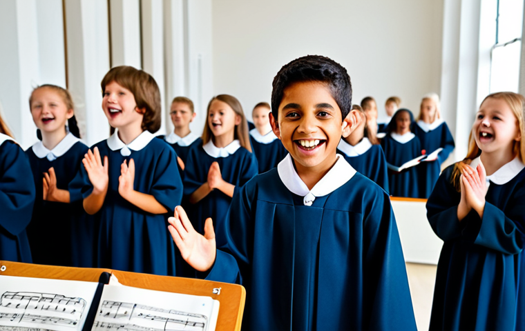Musical Development**
"A children's choir rehearsing in a brightly lit music room, fully clothed in modest choir robes, appropriate attire. The conductor is smiling and encouraging. Focus on the joy of music. Perfect anatomy, correct proportions, well-formed hands, proper finger count, natural body proportions, safe for work, professional photography, high quality."
**