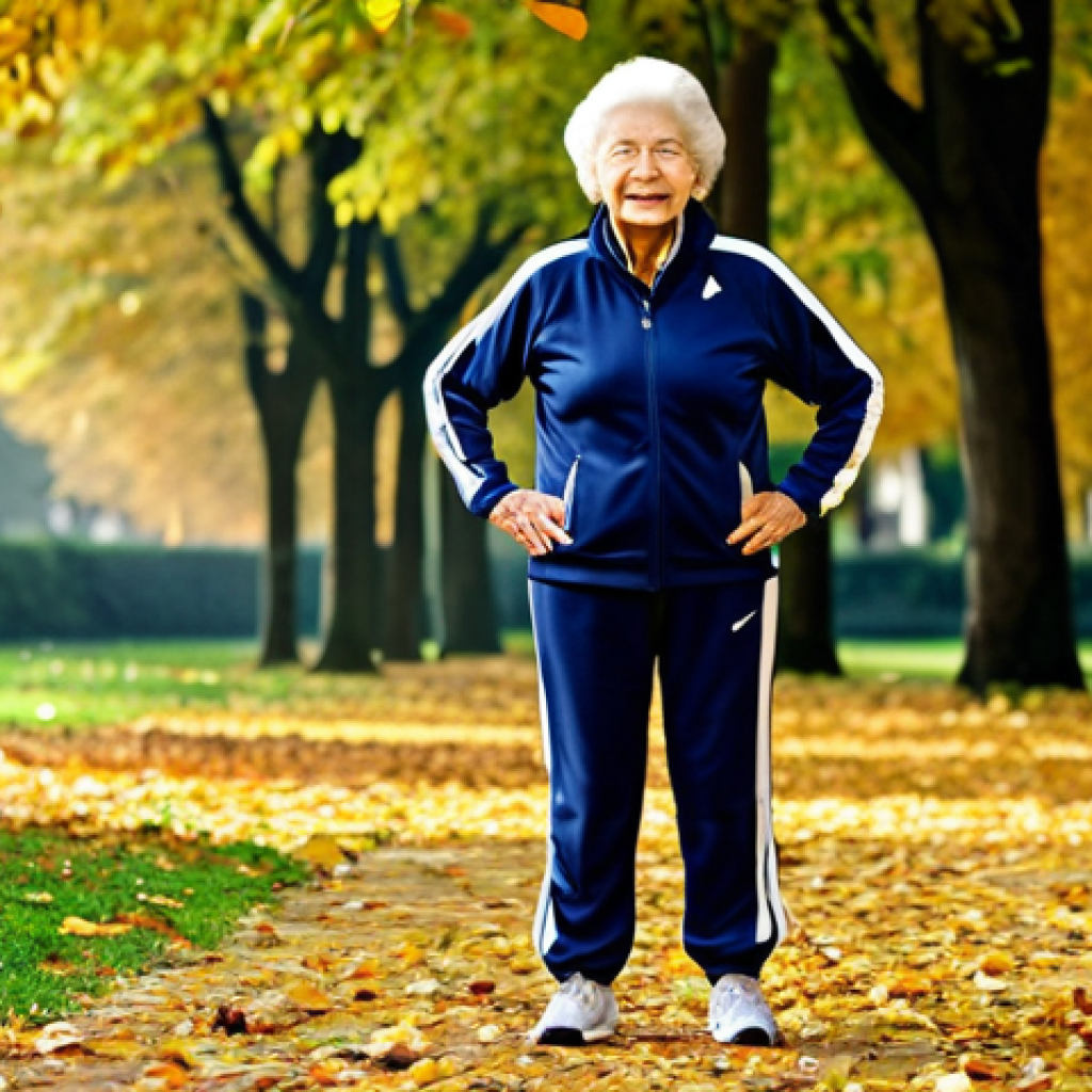 노인 정신 건강 교육 - Active Elderly Woman**
"An 80-year-old woman, fully clothed in a tracksuit, doing morning exercises...