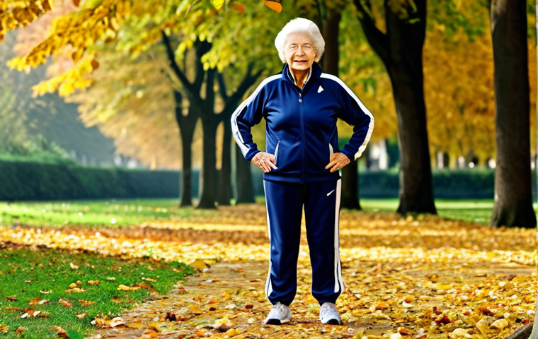 노인 정신 건강 교육 - Active Elderly Woman**

"An 80-year-old woman, fully clothed in a tracksuit, doing morning exercises...