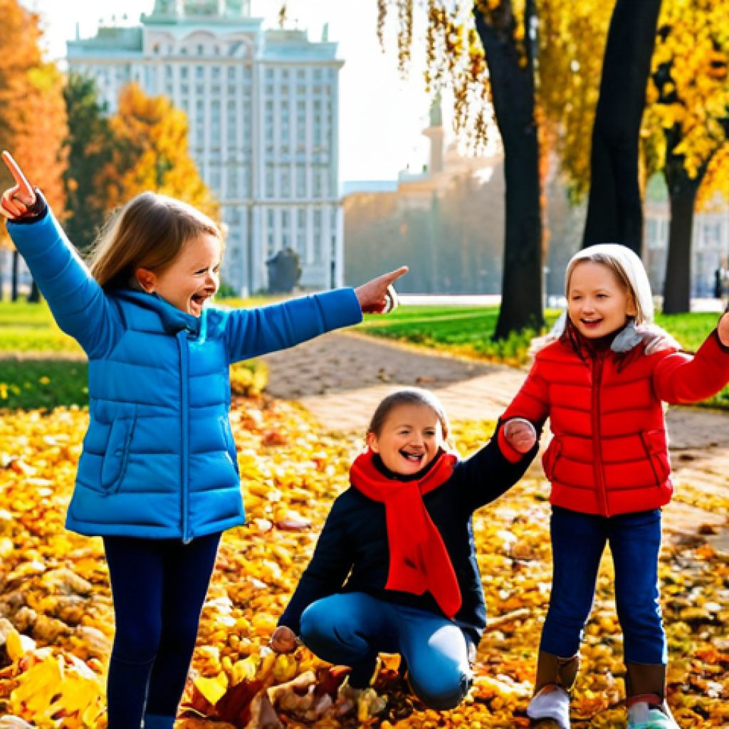 어린이 그림책 만들기 - **
A group of fully clothed children playing in a sunlit park in Moscow, surrounded by colorful aut...