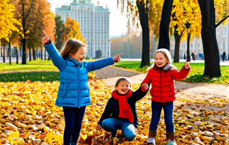 어린이 그림책 만들기 - **

A group of fully clothed children playing in a sunlit park in Moscow, surrounded by colorful aut...