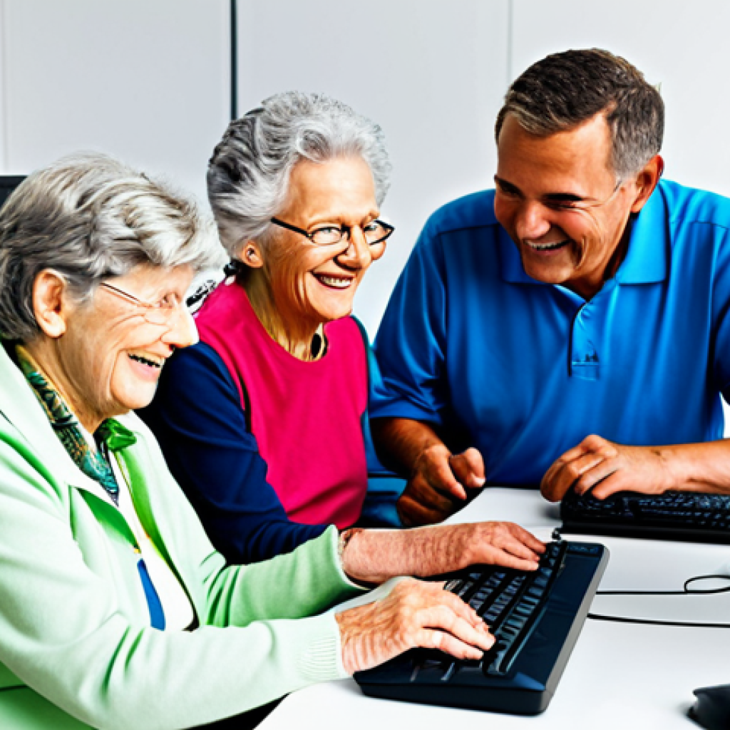 시니어 교육 프로그램 - **
A group of senior citizens in a brightly lit computer lab, fully clothed and smiling, learning a...