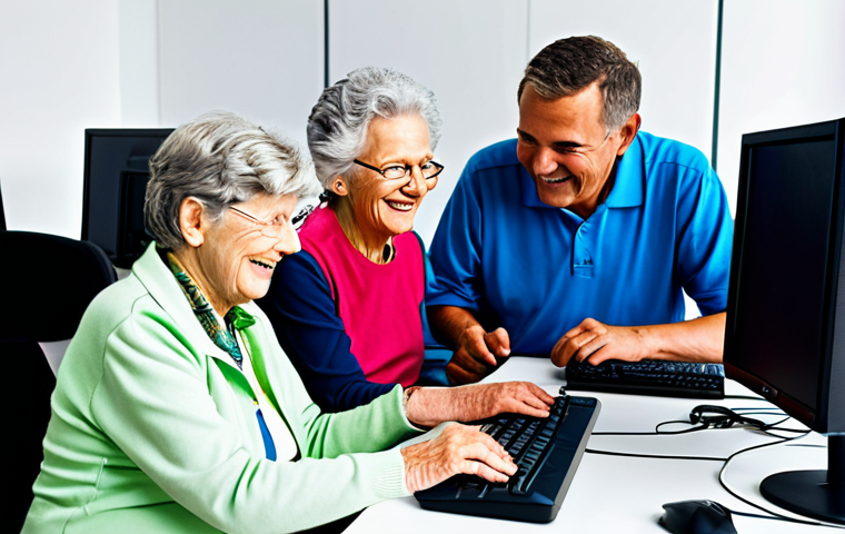 시니어 교육 프로그램 - **
A group of senior citizens in a brightly lit computer lab, fully clothed and smiling, learning a...