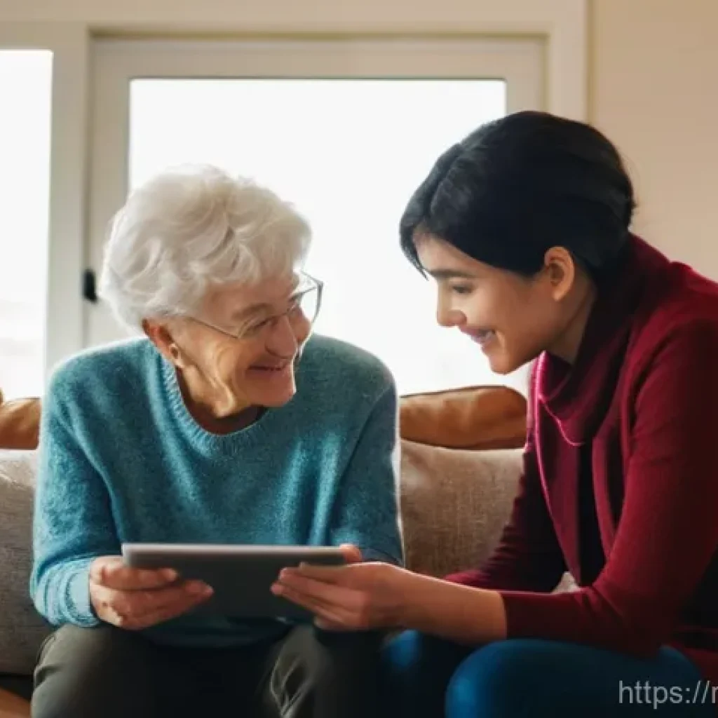 시니어 커뮤니케이션 훈련 - **Prompt:** A heartwarming scene depicting a young adult patiently teaching an elderly grandparent h...