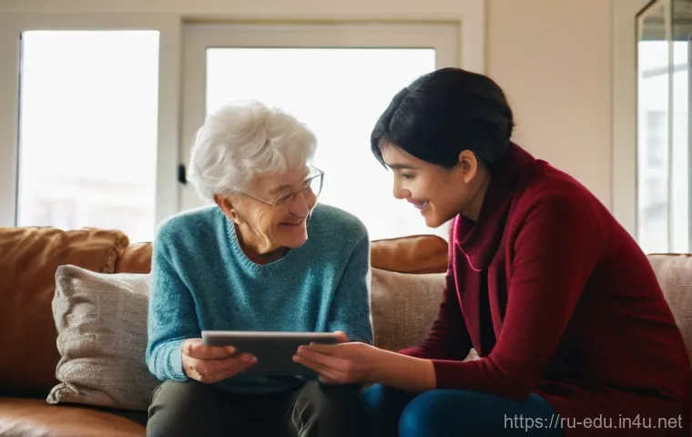 시니어 커뮤니케이션 훈련 - **Prompt:** A heartwarming scene depicting a young adult patiently teaching an elderly grandparent h...