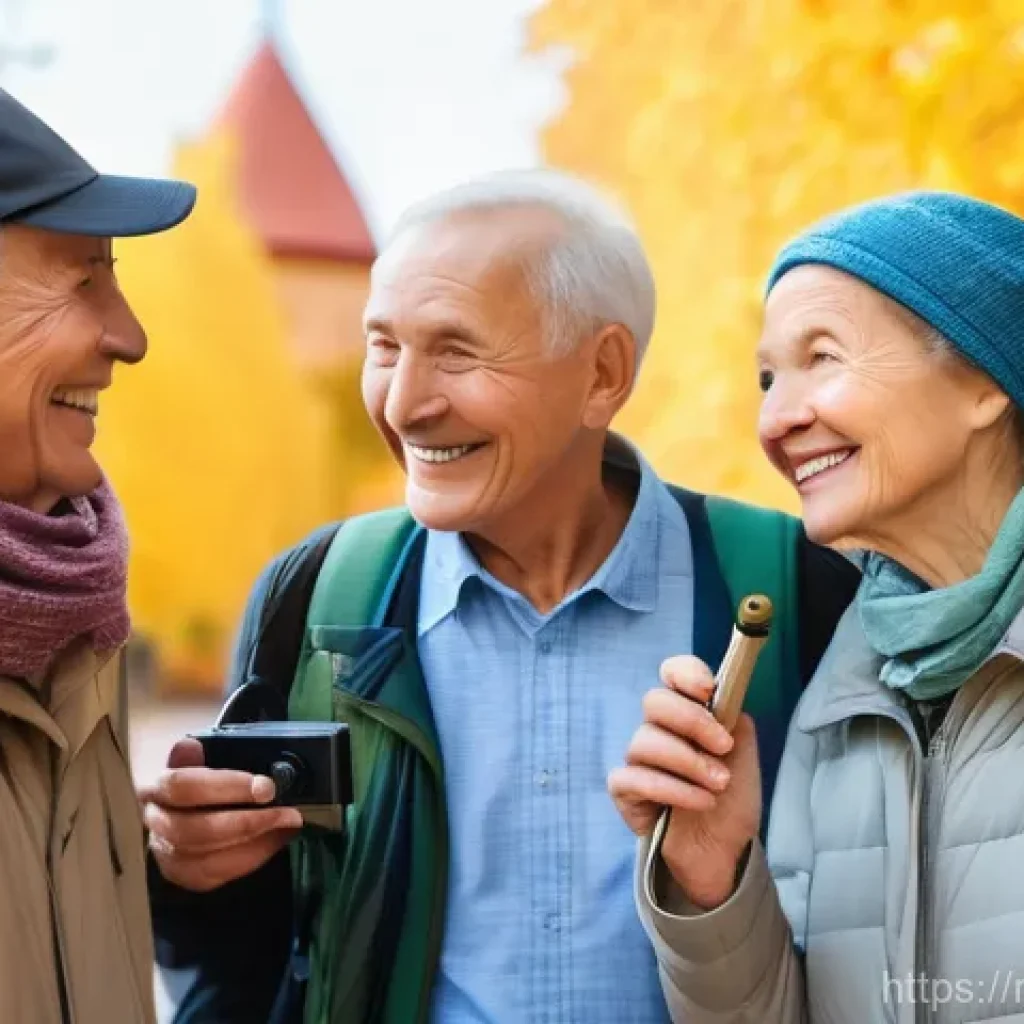 시니어 여행 그룹 - **Prompt:** A diverse group of happy senior travelers, aged 65-75, are actively engaged in a guided ...