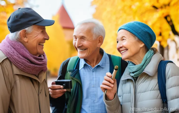 시니어 여행 그룹 - **Prompt:** A diverse group of happy senior travelers, aged 65-75, are actively engaged in a guided ...