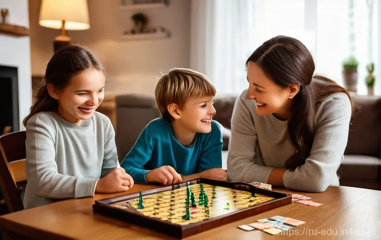 아동과 부모 놀이 - **Image Prompt 1: Cozy Board Game Night**
A happy, multi-generational Russian family (parents, t...