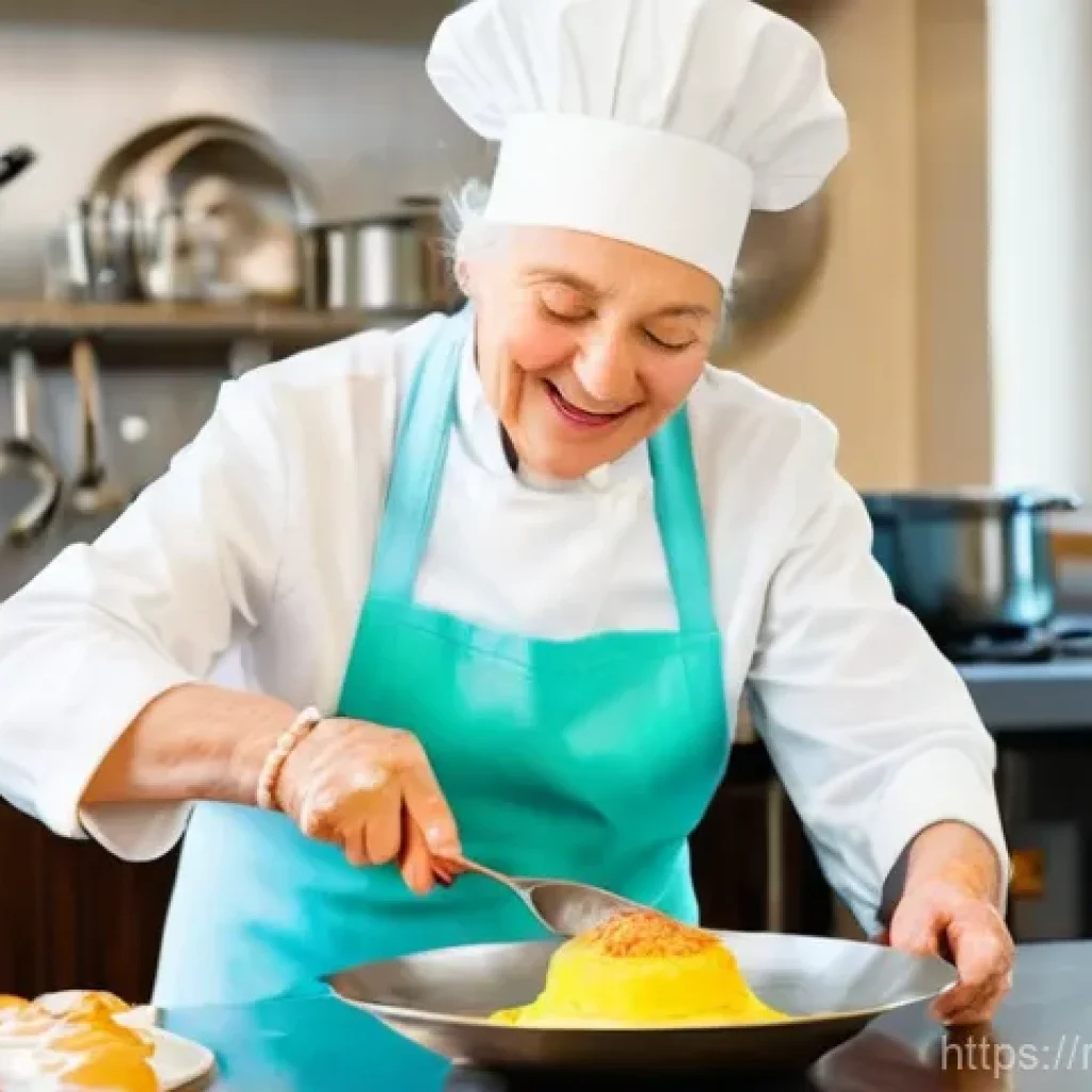 시니어 요리 클래스 - An energetic elderly Russian woman, in her late 60s or early 70s, with a radiant smile, is meticulou...
