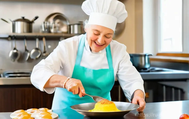 시니어 요리 클래스 - An energetic elderly Russian woman, in her late 60s or early 70s, with a radiant smile, is meticulou...