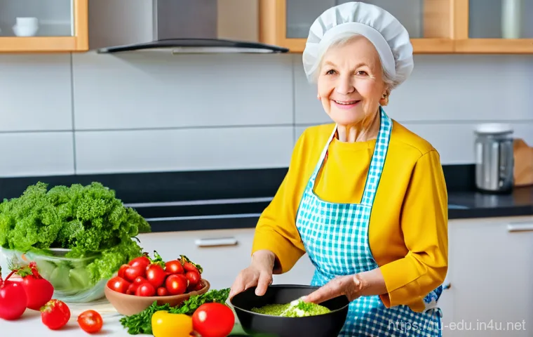 시니어 요리 클래스 - An energetic elderly Russian woman, in her late 60s or early 70s, with a radiant smile, is meticulou...