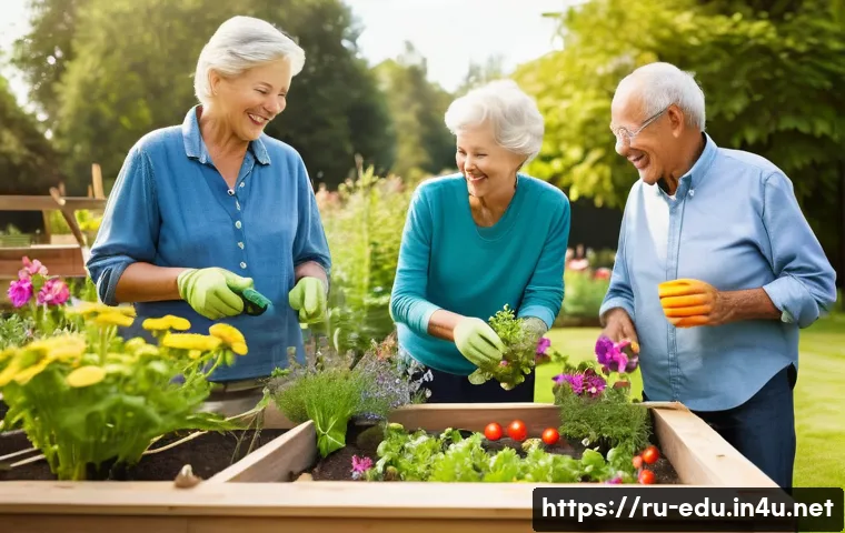 시니어 사회 통합 - Community Garden Gathering**
A vibrant and heartwarming outdoor scene captures a diverse group of se...