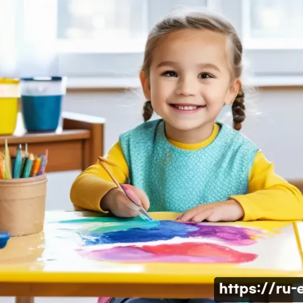 아동 창작 미술 - A joyful 4-year-old child, wearing a colorful art smock over everyday clothes, sitting comfortably a...