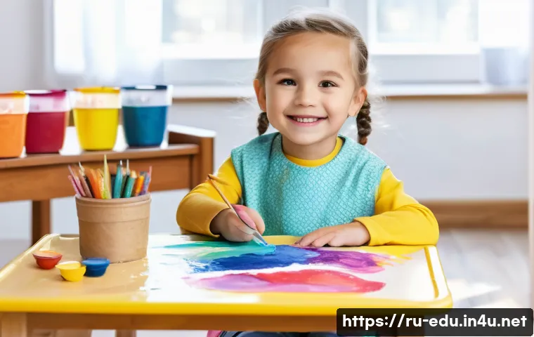 아동 창작 미술 - A joyful 4-year-old child, wearing a colorful art smock over everyday clothes, sitting comfortably a...