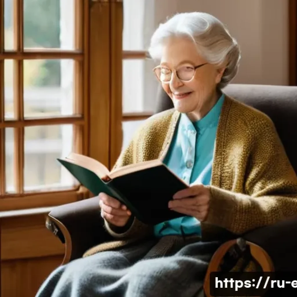 노인 독서 클럽 - **Prompt:** A serene portrait of an elderly woman, with kind eyes and a gentle smile, deeply engross...
