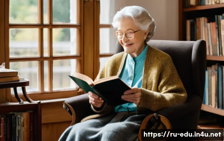 노인 독서 클럽 - **Prompt:** A serene portrait of an elderly woman, with kind eyes and a gentle smile, deeply engross...