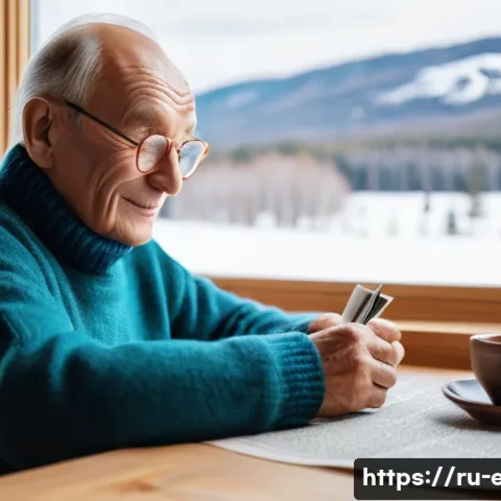 시니어 뇌 훈련 - A cozy, well-lit living room scene featuring a cheerful elderly Russian man sitting at a wooden tabl...