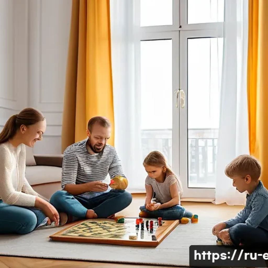어린이 사회학 교육 - A warm, cozy family living room scene in a modern Russian apartment, showing a diverse family of par...