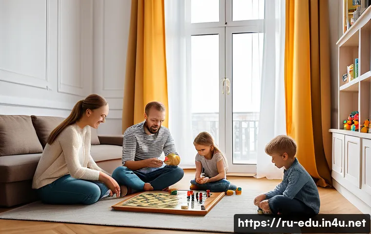 어린이 사회학 교육 - A warm, cozy family living room scene in a modern Russian apartment, showing a diverse family of par...