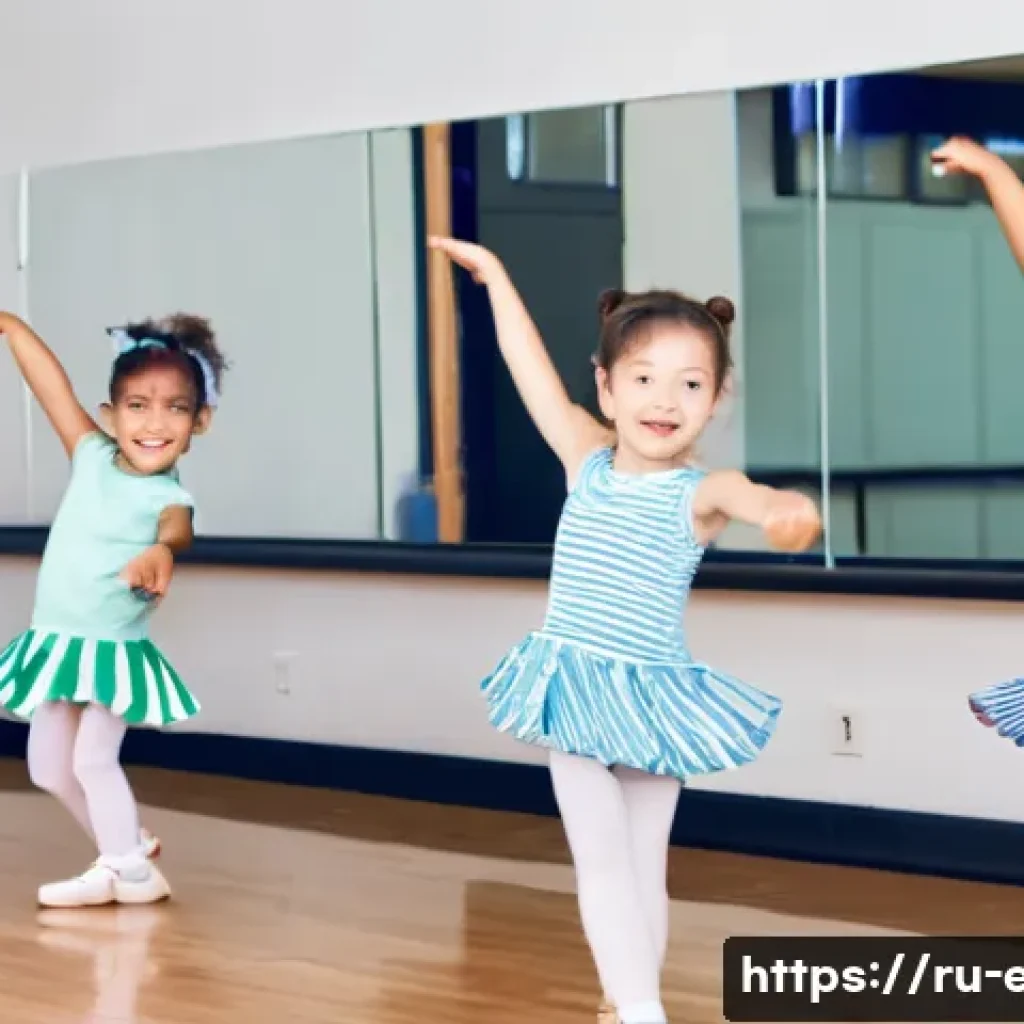 어린이 춤 프로그램 - A bright and cheerful dance studio filled with natural light and large mirrors on the walls, showing...