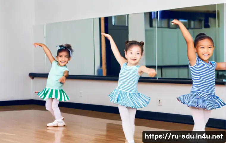 어린이 춤 프로그램 - A bright and cheerful dance studio filled with natural light and large mirrors on the walls, showing...