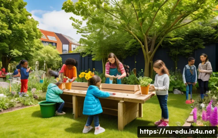 어린이 환경 프로그램 - A vibrant outdoor scene showing a diverse group of children aged 5-10 years engaged in an interactiv...