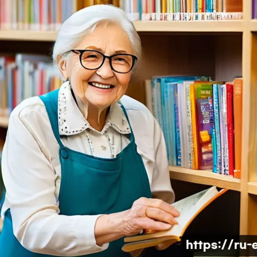 시니어 사회 참여 - An elderly Russian woman volunteering at a local library, wearing modest casual clothing and glasses...