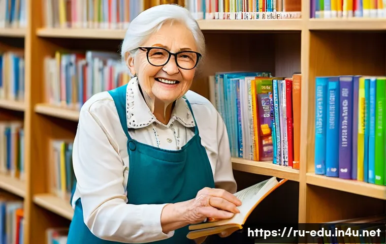 시니어 사회 참여 - An elderly Russian woman volunteering at a local library, wearing modest casual clothing and glasses...