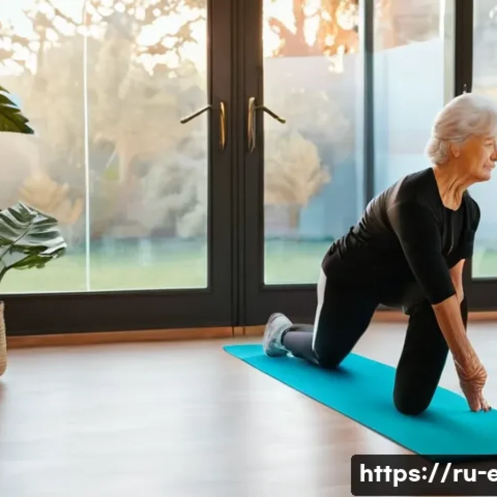 노인 체육 수업 - An elderly Russian woman in comfortable sportswear and supportive sneakers, performing gentle stretc...