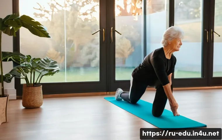 노인 체육 수업 - An elderly Russian woman in comfortable sportswear and supportive sneakers, performing gentle stretc...