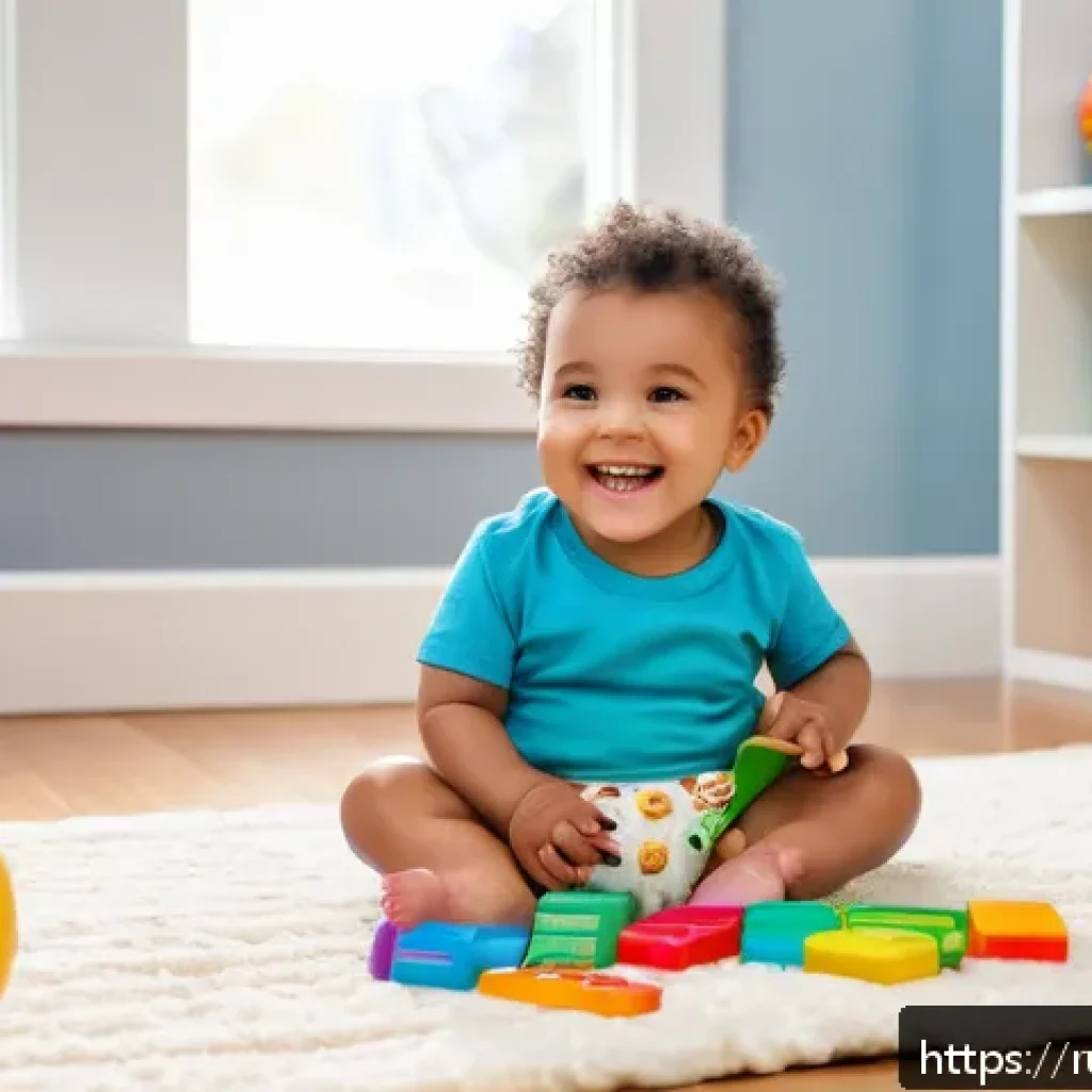 아동 발음 교육 - A warm and playful indoor scene featuring a young toddler wearing a colorful diaper, sitting on a so...