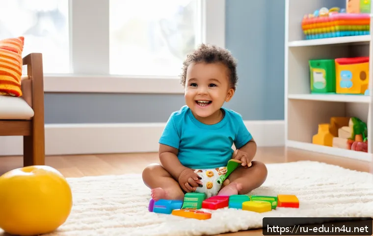 아동 발음 교육 - A warm and playful indoor scene featuring a young toddler wearing a colorful diaper, sitting on a so...