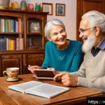 시니어 외국어 학습 - A warm, cozy living room scene featuring an elderly Russian couple sitting comfortably at a wooden t...