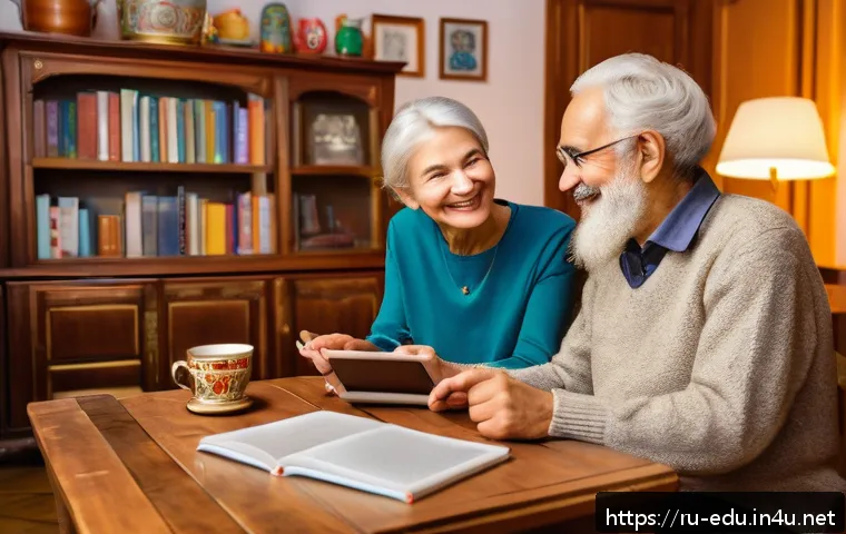 시니어 외국어 학습 - A warm, cozy living room scene featuring an elderly Russian couple sitting comfortably at a wooden t...