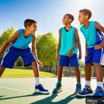 어린이 체육 활동 - A vibrant scene of children playing a team basketball game outdoors in a sunny park setting, ages ar...