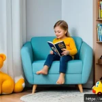 아동 독서 프로그램 - A cozy children's reading nook in a modern Russian home, featuring a soft armchair, warm lighting, a...