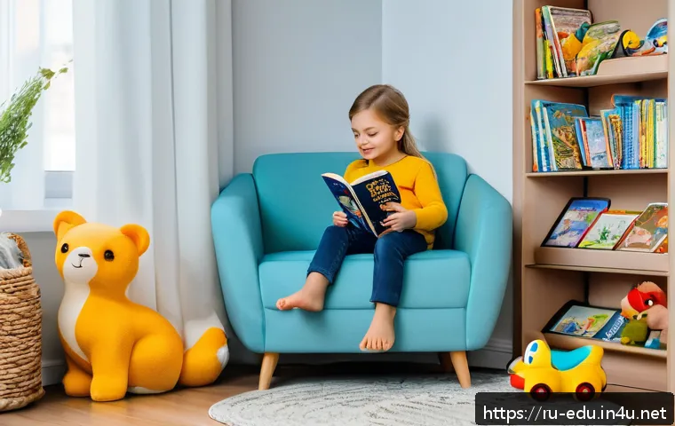 아동 독서 프로그램 - A cozy children's reading nook in a modern Russian home, featuring a soft armchair, warm lighting, a...