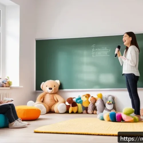 어린이 발표 훈련 - A cozy and bright children's playroom designed for speech practice, featuring a young child wearing ...