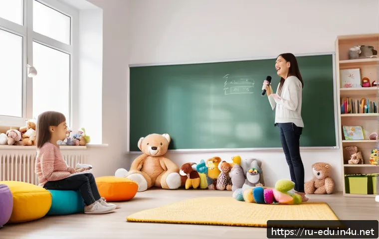 어린이 발표 훈련 - A cozy and bright children's playroom designed for speech practice, featuring a young child wearing ...