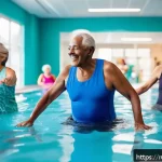 시니어 문화센터 프로그램 - A vibrant community fitness class for elderly people in a modern gym, showing a diverse group of sen...